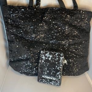 Black Sequined Victoria's Secret Tote with matching wallet